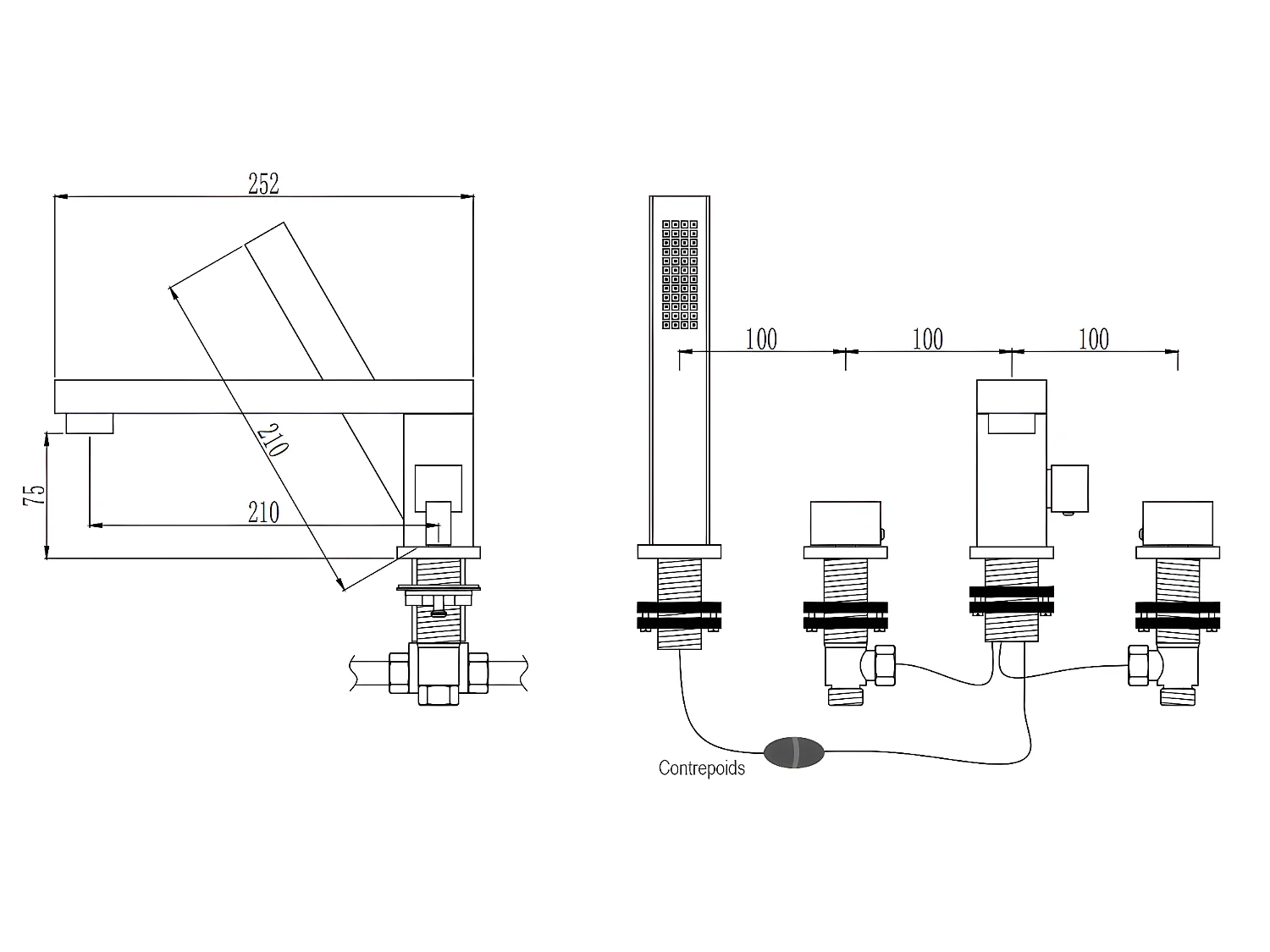 Robinet mélangeur bain-douche sur plage 4 trous Noir - Sirius