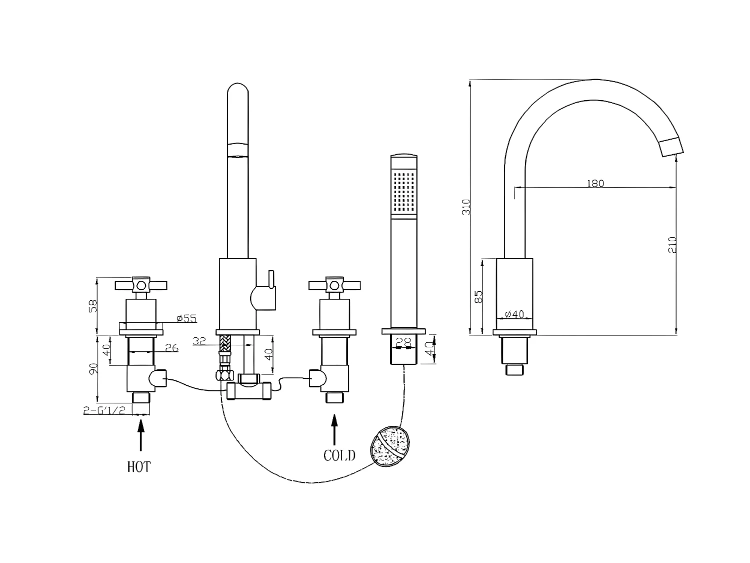 Robinet mélangeur bain-douche sur plage 4 trous chromé - Corbeau