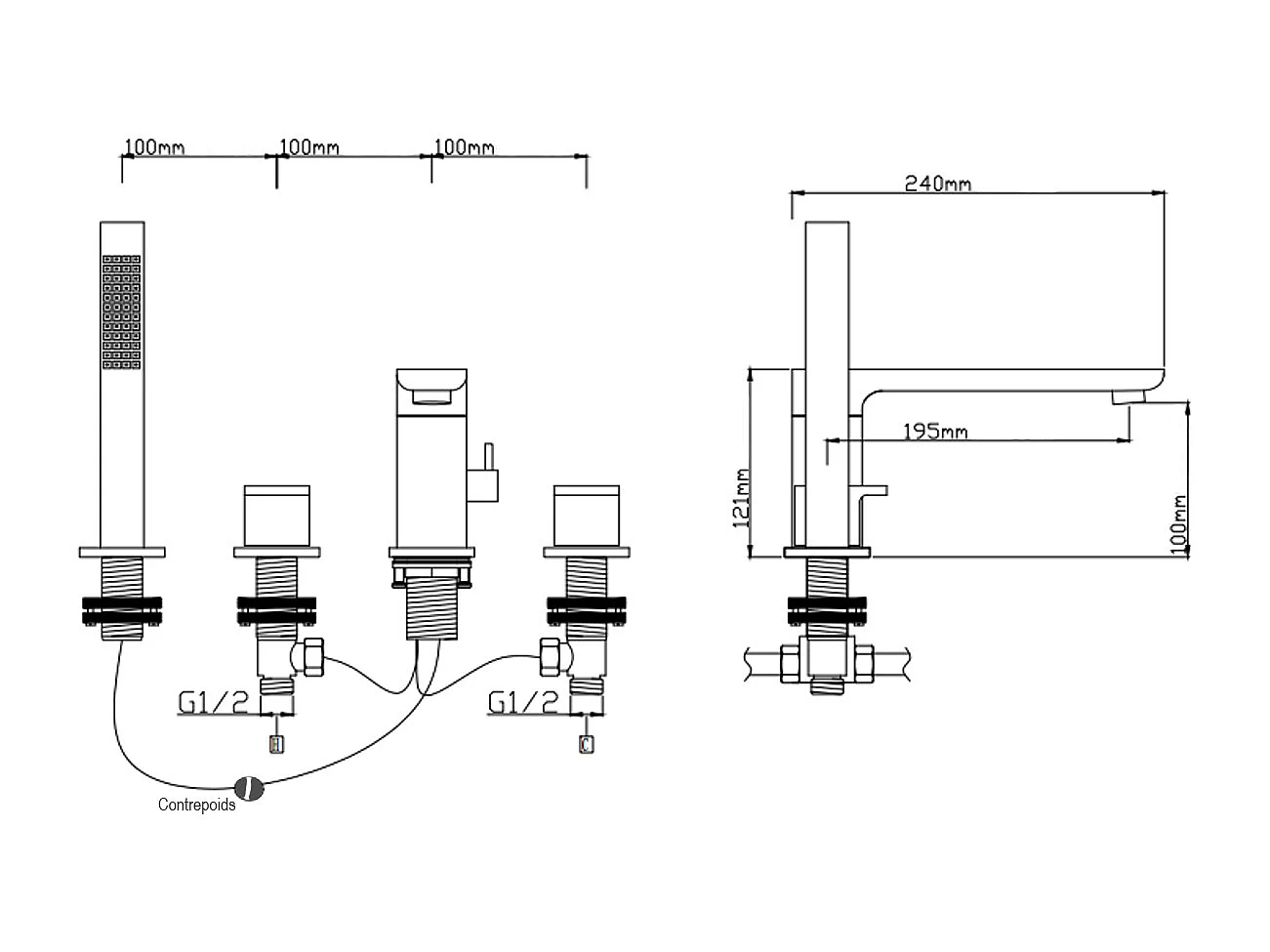 Robinet mélangeur bain-douche 4 trous sur plage Chromé - Nunki