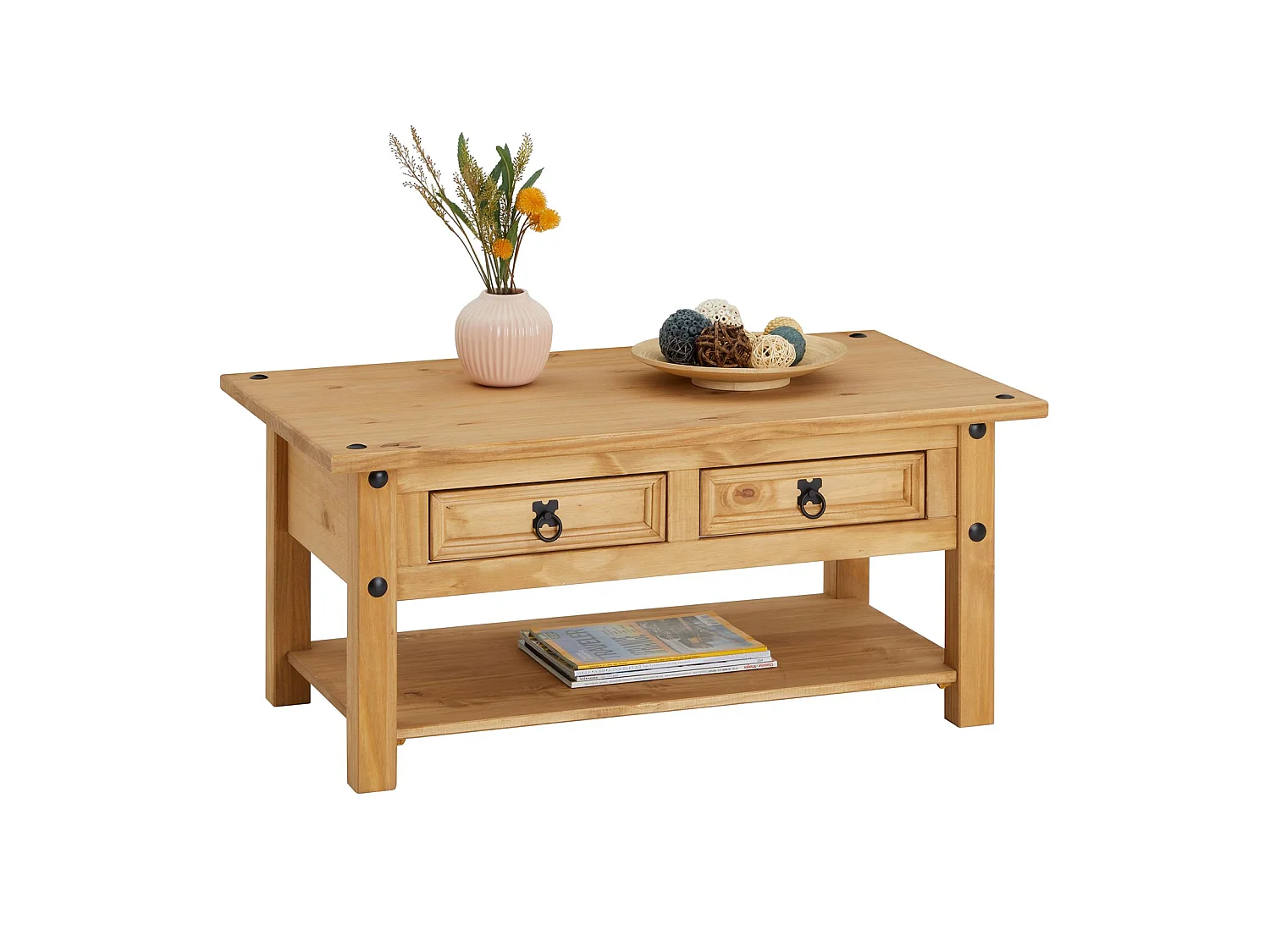 Table basse de salon SALSA rectangulaire en bois style mexicain avec 2 tiroirs, en pin massif finition teintée/cirée