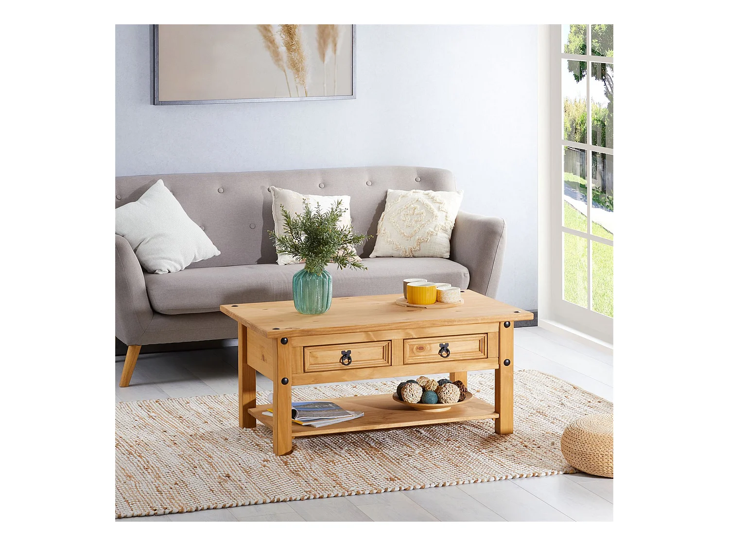 Table basse de salon SALSA rectangulaire en bois style mexicain avec 2 tiroirs, en pin massif finition teintée/cirée