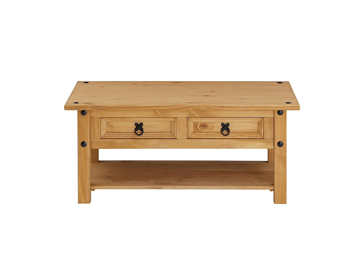 Table basse de salon SALSA rectangulaire en bois style mexicain avec 2 tiroirs, en pin massif finition teintée/cirée