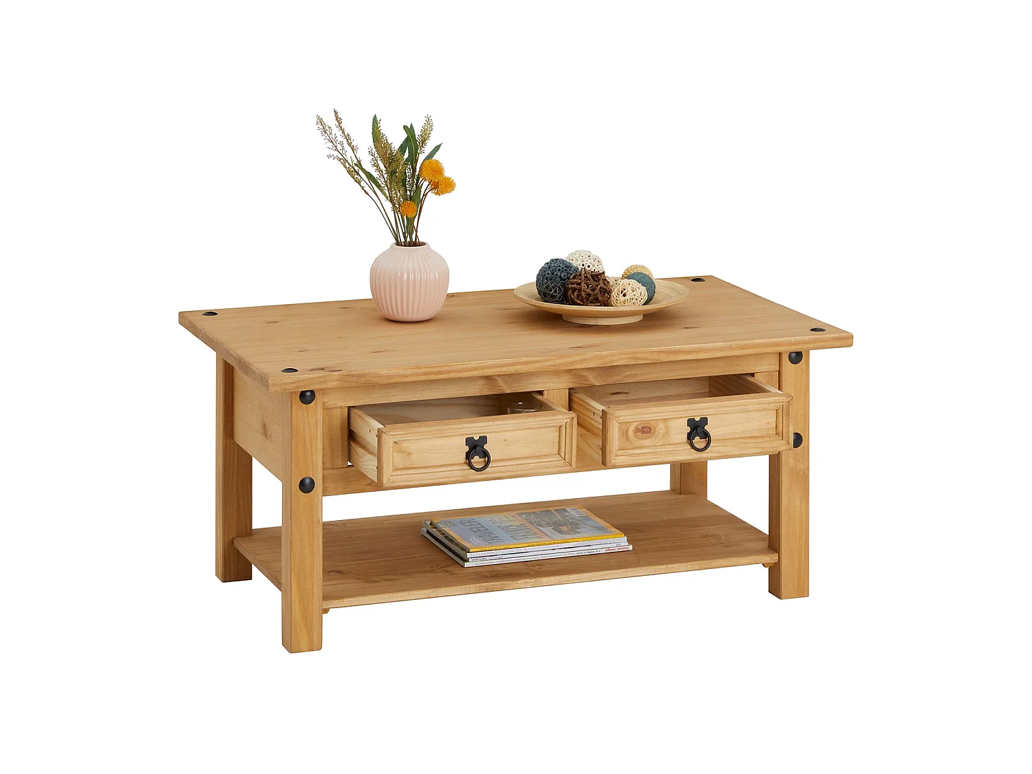 Table basse de salon SALSA rectangulaire en bois style mexicain avec 2 tiroirs, en pin massif finition teintée/cirée