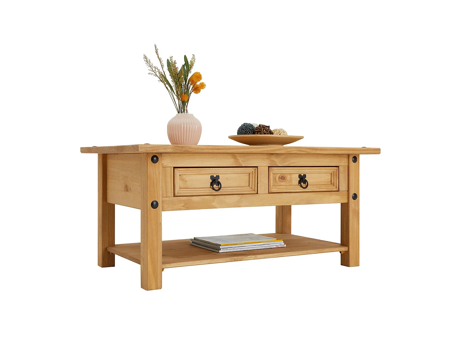 Table basse de salon SALSA rectangulaire en bois style mexicain avec 2 tiroirs, en pin massif finition teintée/cirée