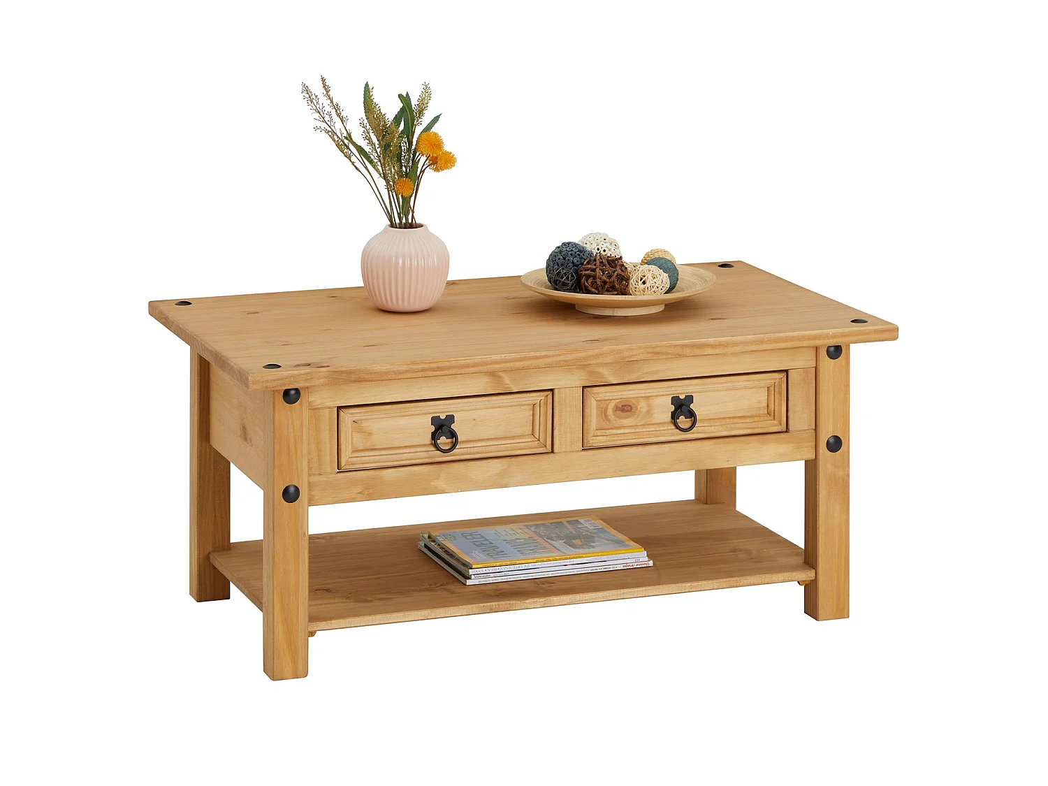 Table basse de salon SALSA rectangulaire en bois style mexicain avec 2 tiroirs, en pin massif finition teintée/cirée