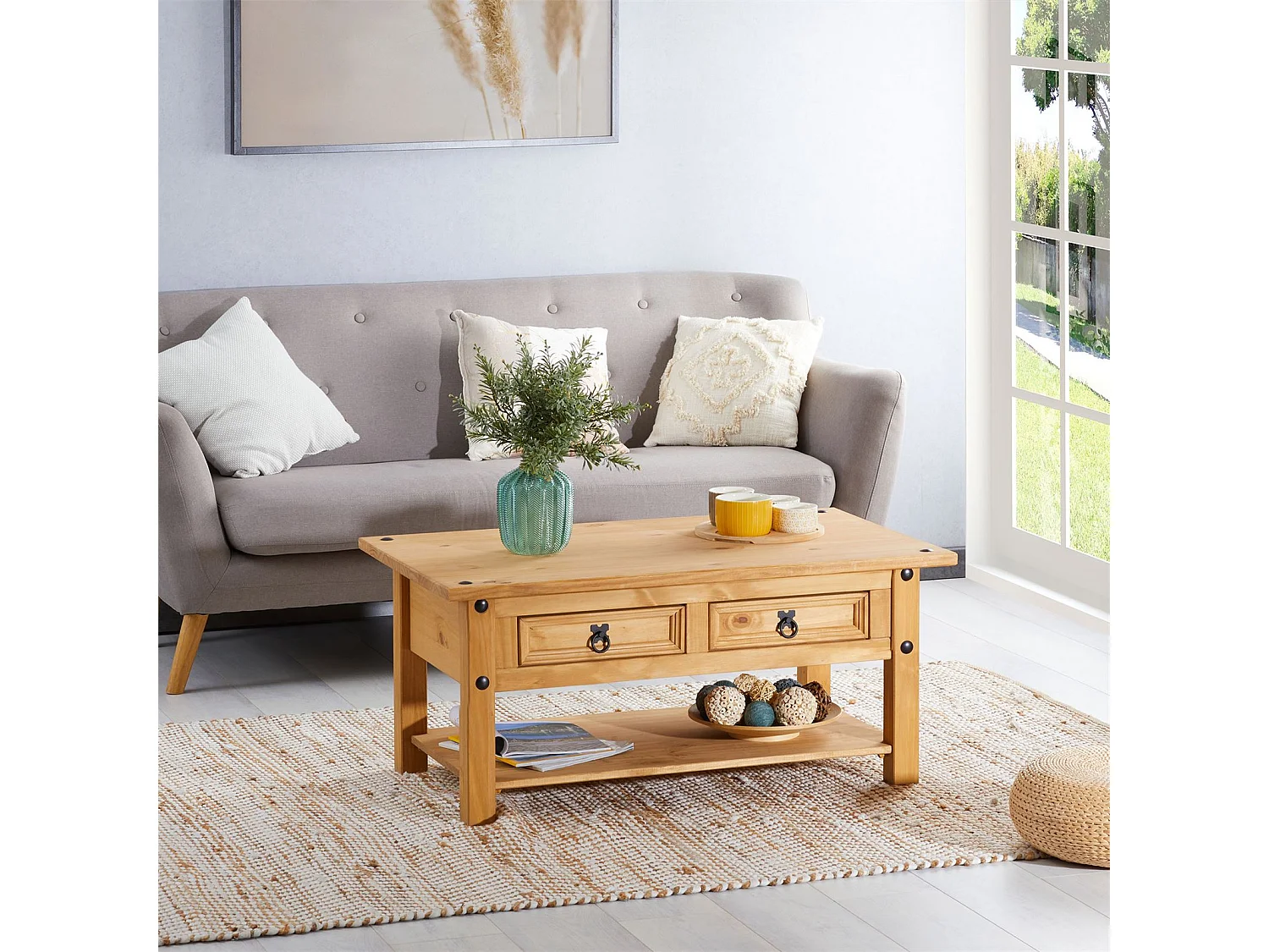 Table basse de salon SALSA rectangulaire en bois style mexicain avec 2 tiroirs, en pin massif finition teintée/cirée