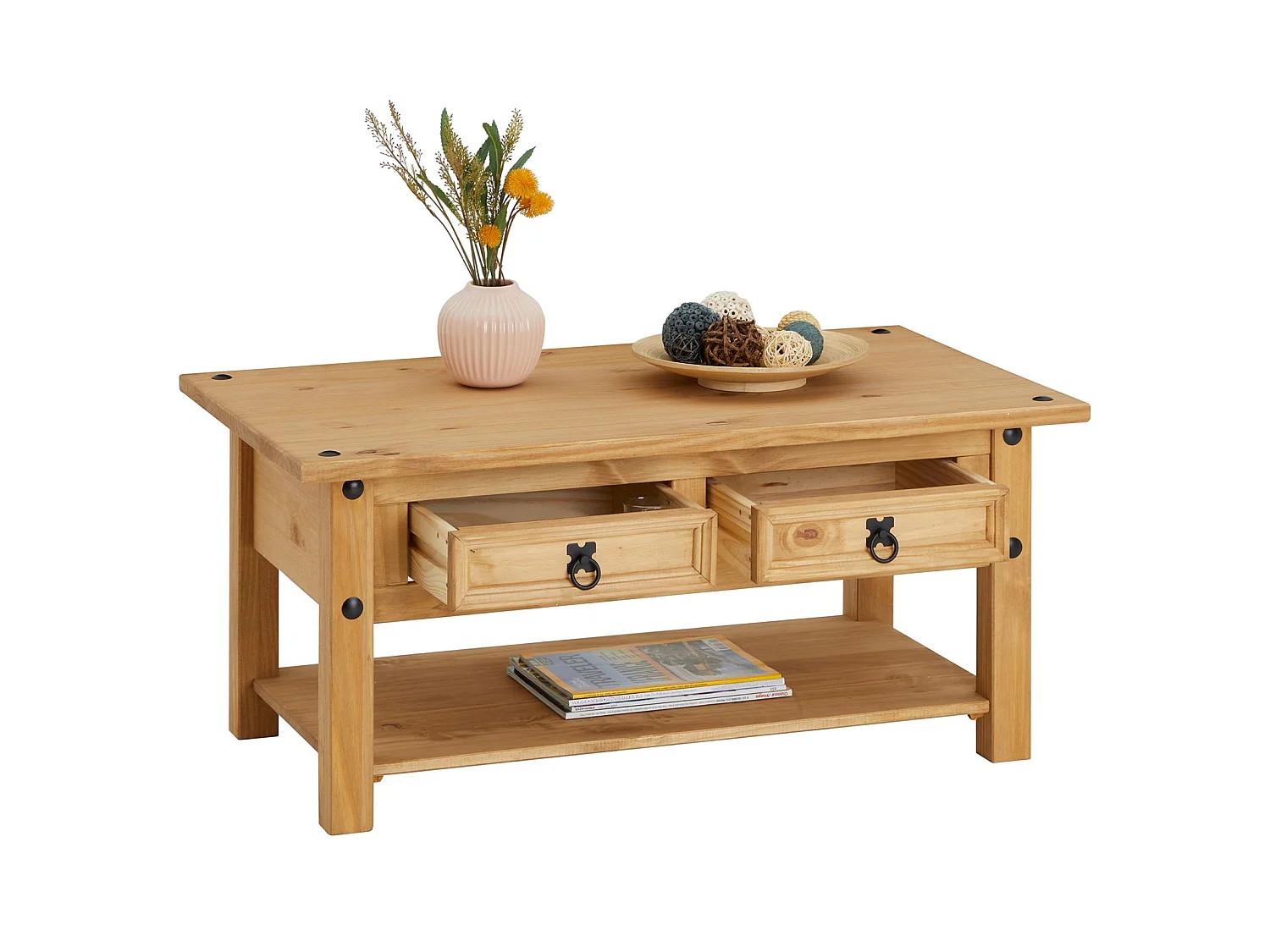 Table basse de salon SALSA rectangulaire en bois style mexicain avec 2 tiroirs, en pin massif finition teintée/cirée