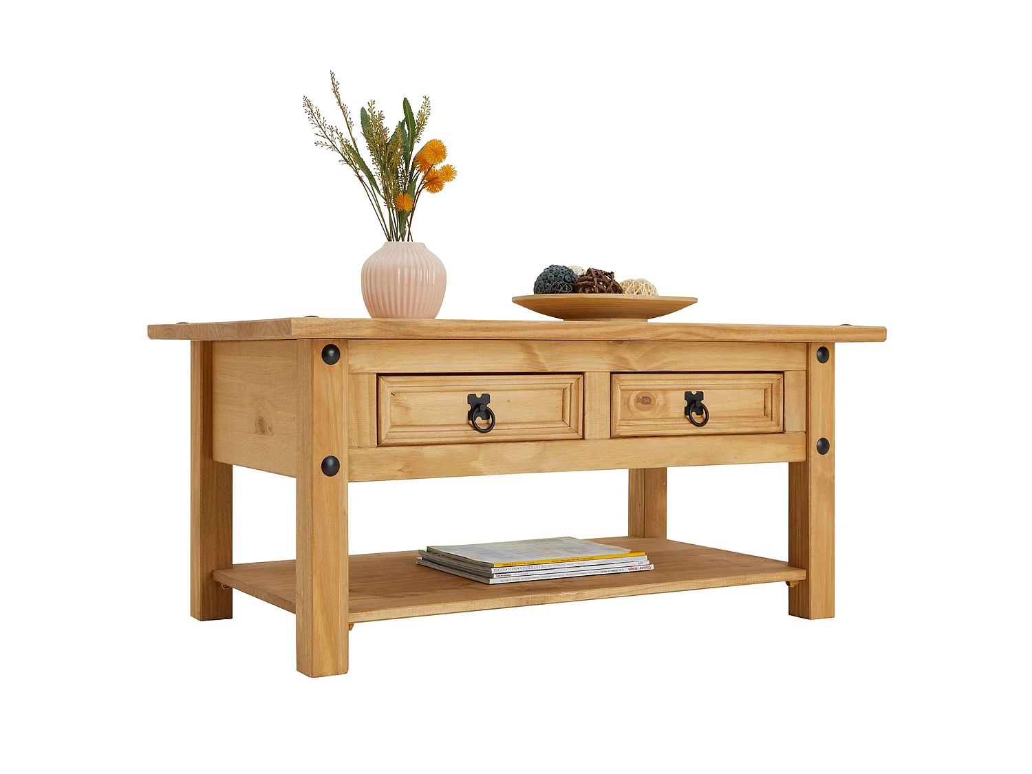 Table basse de salon SALSA rectangulaire en bois style mexicain avec 2 tiroirs, en pin massif finition teintée/cirée