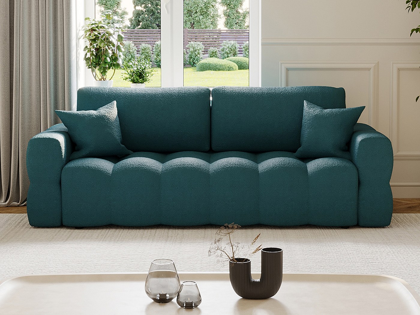 Sofá de 3 lugares convertível tecido azulesverdeado bouclé colchão