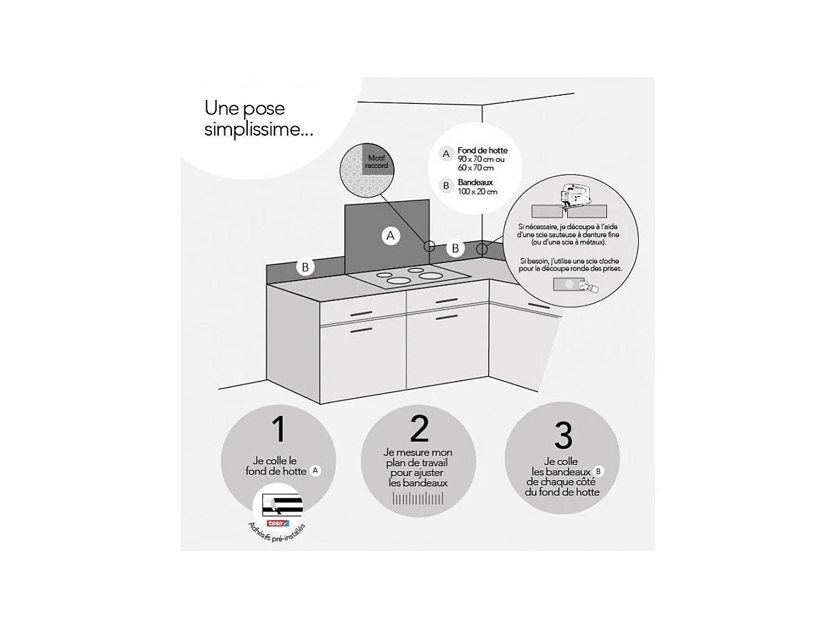 Fond de hotte adhésif en aluminium effet carreaux de ciment gris - 70x60 cm