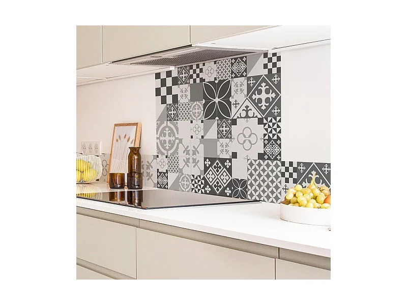 Crédence cuisine adhésive en aluminium effet carreaux de ciment gris - 200x20 cm (en 2 bandeaux)
