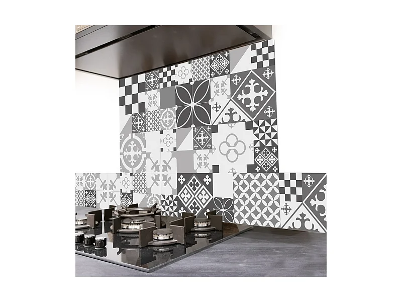 Crédence cuisine adhésive en aluminium effet carreaux de ciment gris - 200x20 cm (en 2 bandeaux)