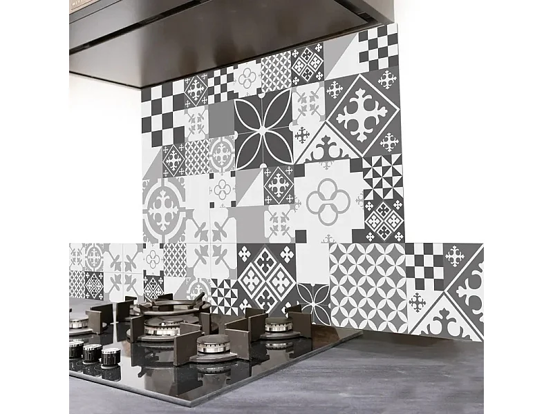 Crédence cuisine en aluminium - effet carreaux de ciment gris - 200x20 cm (en 2 bandeaux)