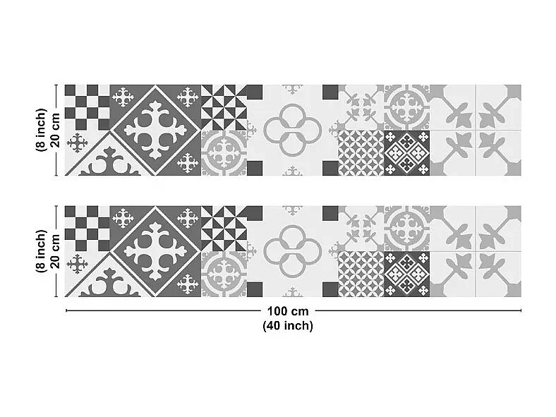 Crédence cuisine en aluminium - effet carreaux de ciment gris - 200x20 cm (en 2 bandeaux)