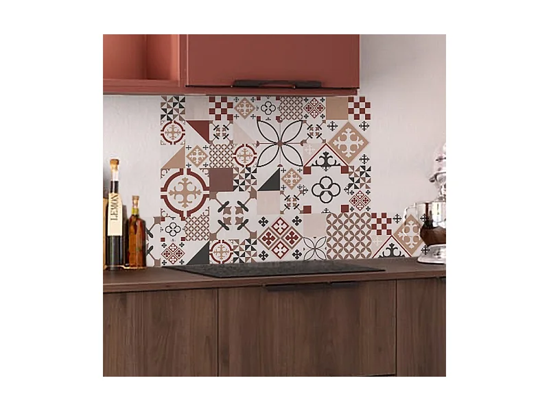 Fond de hotte adhésif en aluminium effet carreaux de ciment rouge - 70x60 cm
