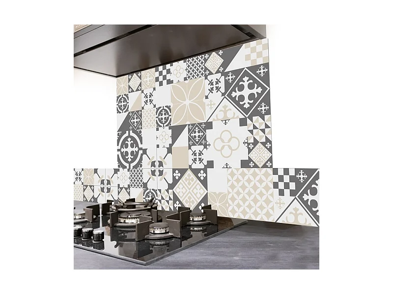 Fond de hotte adhésif en aluminium carreau de ciment gris - 70x90 cm