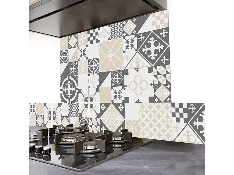 Fond de hotte adhésif en aluminium carreau de ciment gris - 70x90 cm