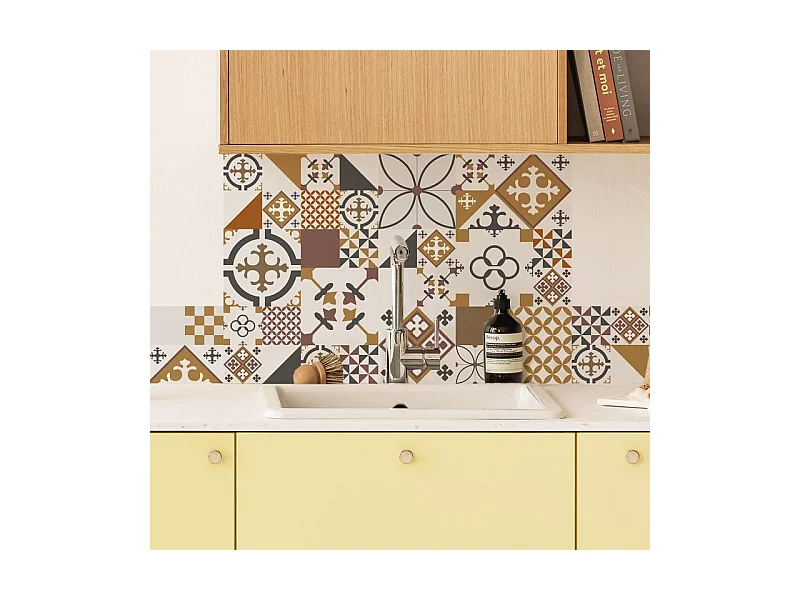 Crédence cuisine adhésive en aluminium effet carreaux de ciment orange - 200x20 cm (en 2 bandeaux)