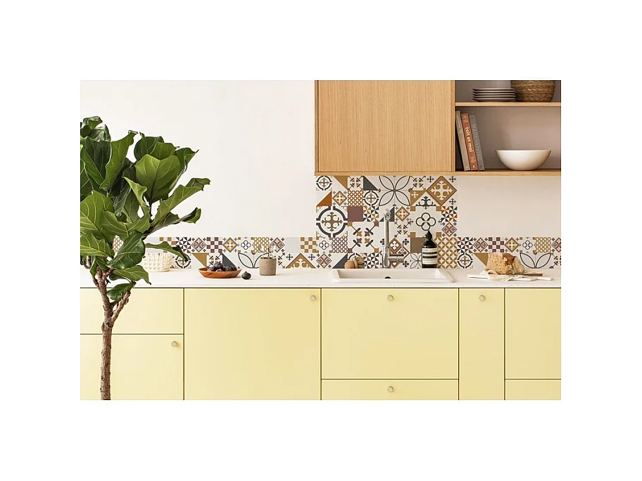 Crédence cuisine adhésive en aluminium effet carreaux de ciment orange - 200x20 cm (en 2 bandeaux)