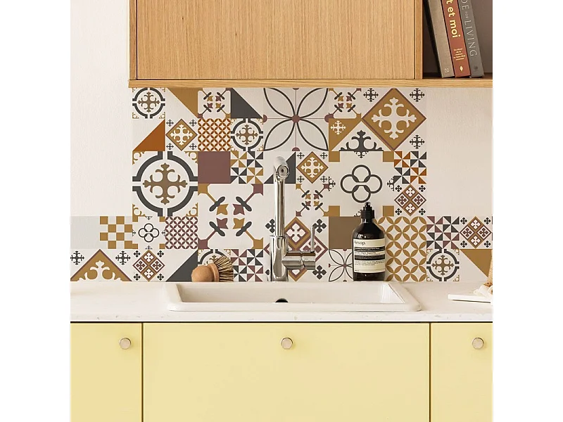 Crédence cuisine adhésive en aluminium effet carreaux de ciment orange - 200x20 cm (en 2 bandeaux)