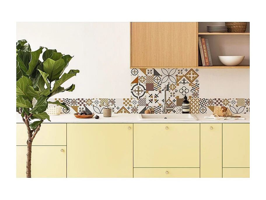 Crédence cuisine adhésive en aluminium effet carreaux de ciment orange - 200x20 cm (en 2 bandeaux)