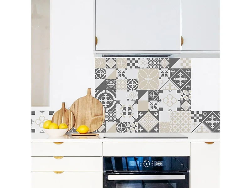 Crédence cuisine adhésive en aluminium effet carreaux de ciment gris - 200x20 cm (en 2 bandeaux)