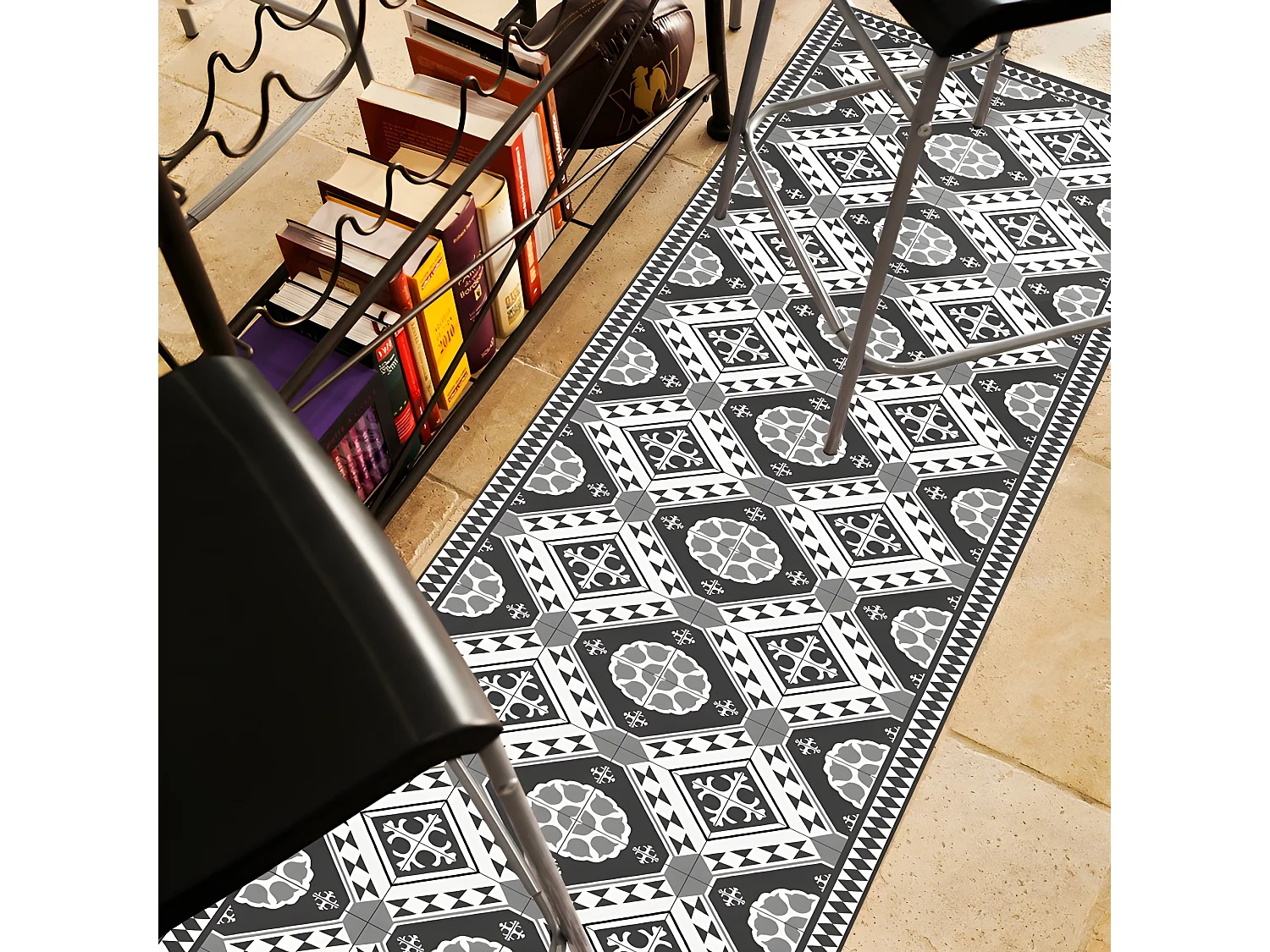 Tapis Vinyle Large l120xH200cm - Carreaux de ciment Faustine Gris - Vinyle