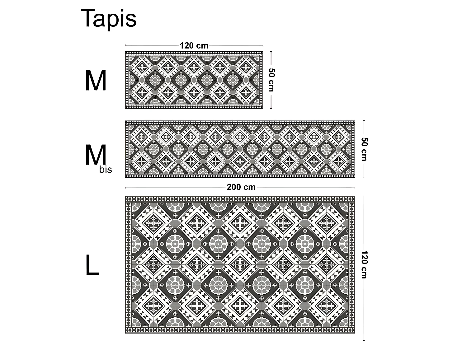 Tapis Vinyle Large l120xH200cm - Carreaux de ciment Faustine Gris - Vinyle