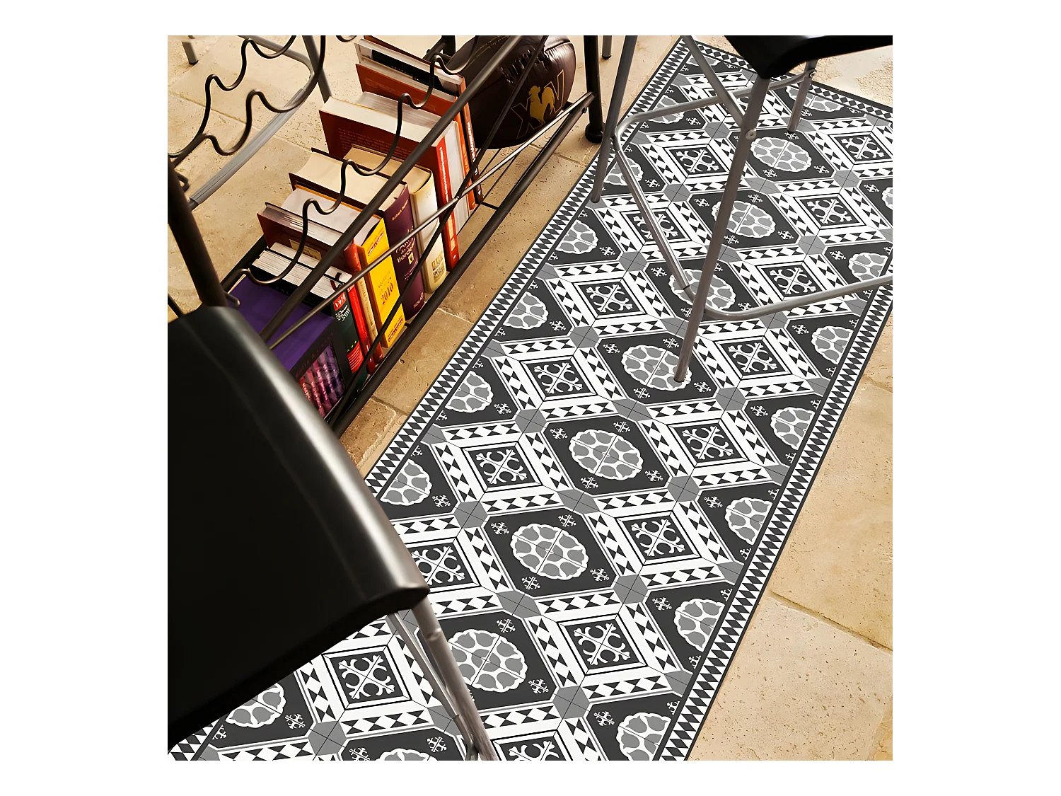 Tapis Vinyle Médium l 50xL120cm - Carreaux de ciment Faustine Gris - Vinyle