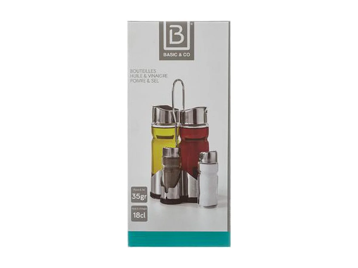 Conjunto con Soporte "Aceite Vinagre & Sal Pimienta" 20cm Plata
