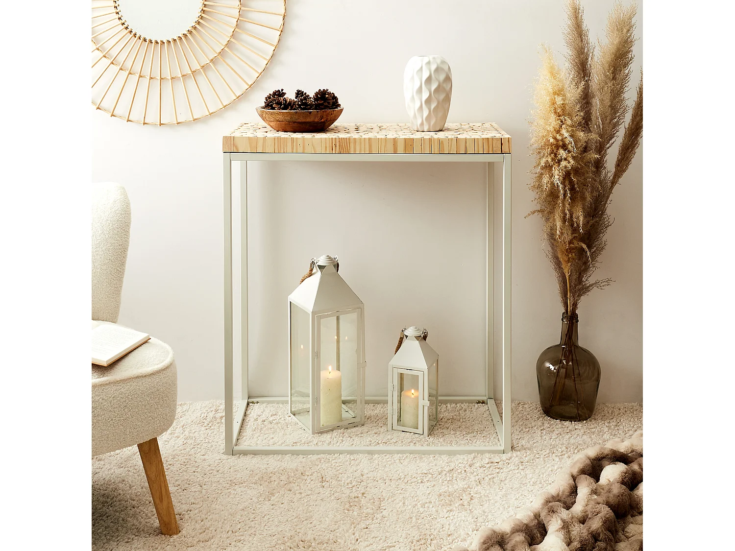 Console Rondin H85 Cm Marron, Blanc