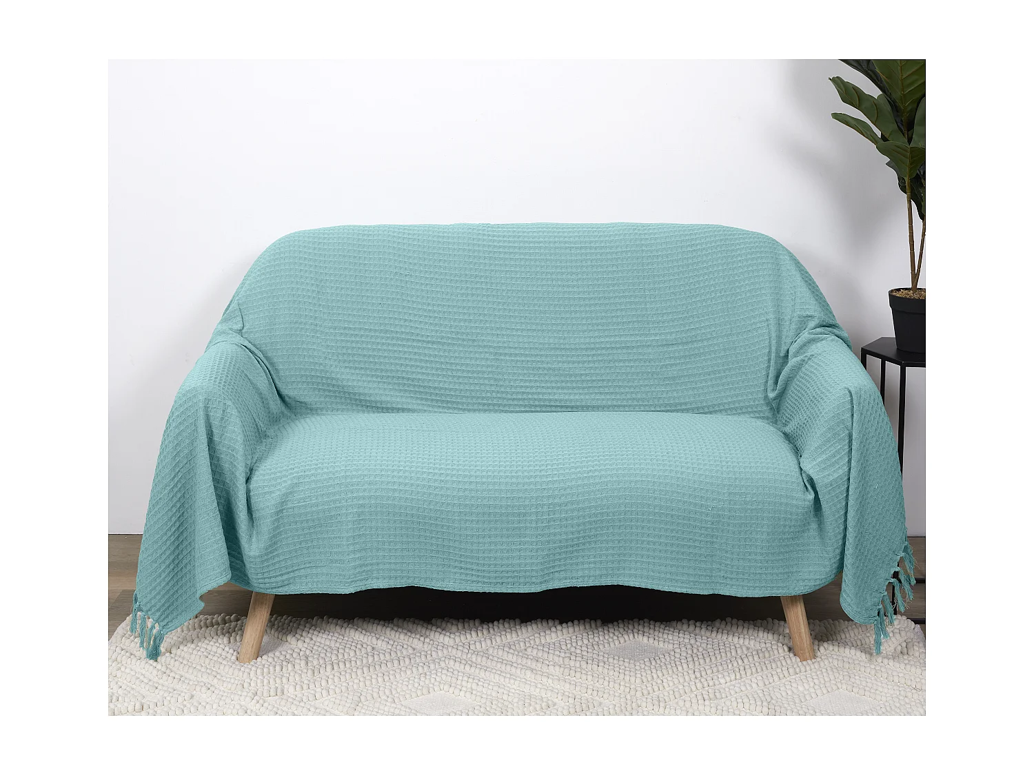 Jete De Canape Gaufre Vert D Eau 170x250cm Vert