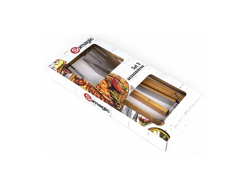 Juego de 3 accesorios de acero inoxidable con asas de bambú para barbacoa y parrilla