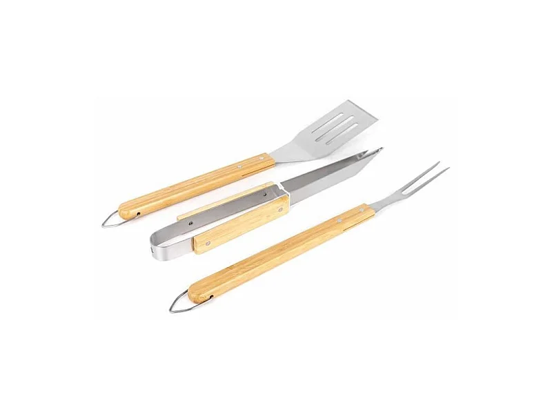 Juego de 3 accesorios de acero inoxidable con asas de bambú para barbacoa y parrilla