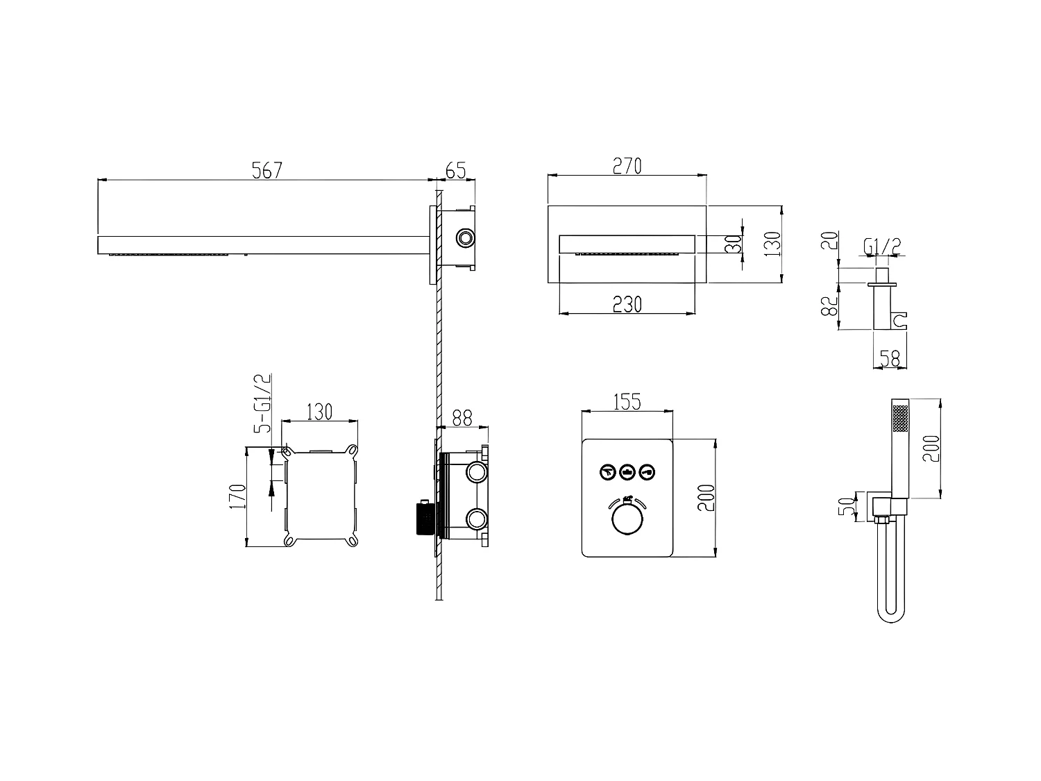 Pack douche thermostatique avec effet cascade Gun métal - Linosa