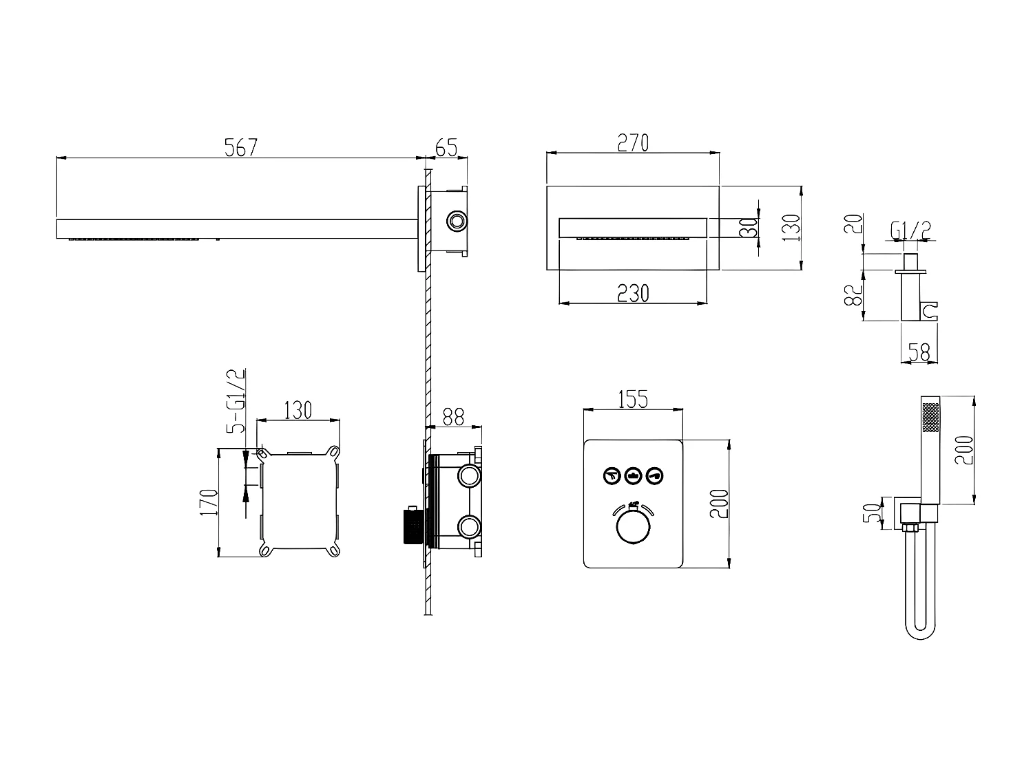 Pack douche thermostatique avec effet cascade Gun métal - Linosa
