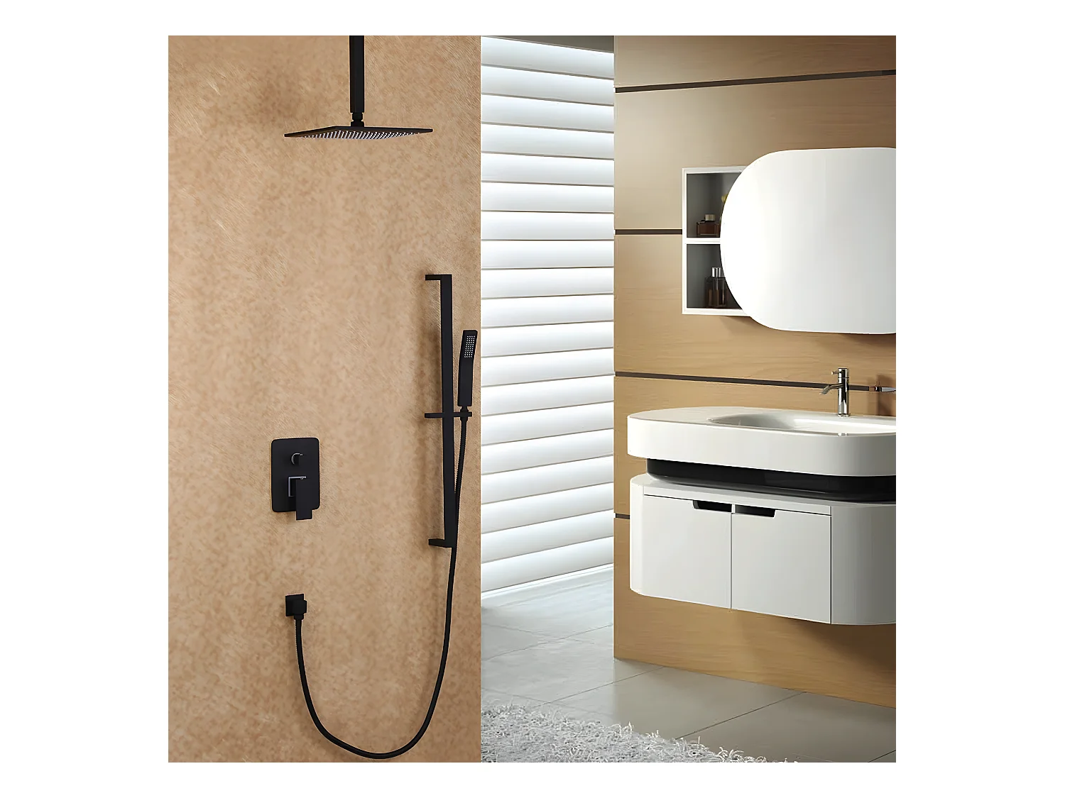 Tête de douche à fixation au plafond et système de douchette à glissière en noir 250 mm