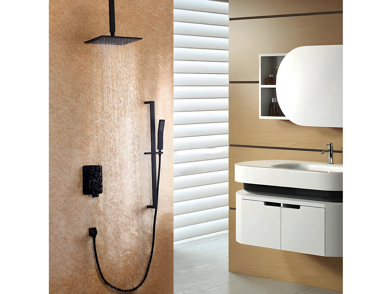 Tête de douche à fixation au plafond et système de douchette à glissière en noir 250 mm