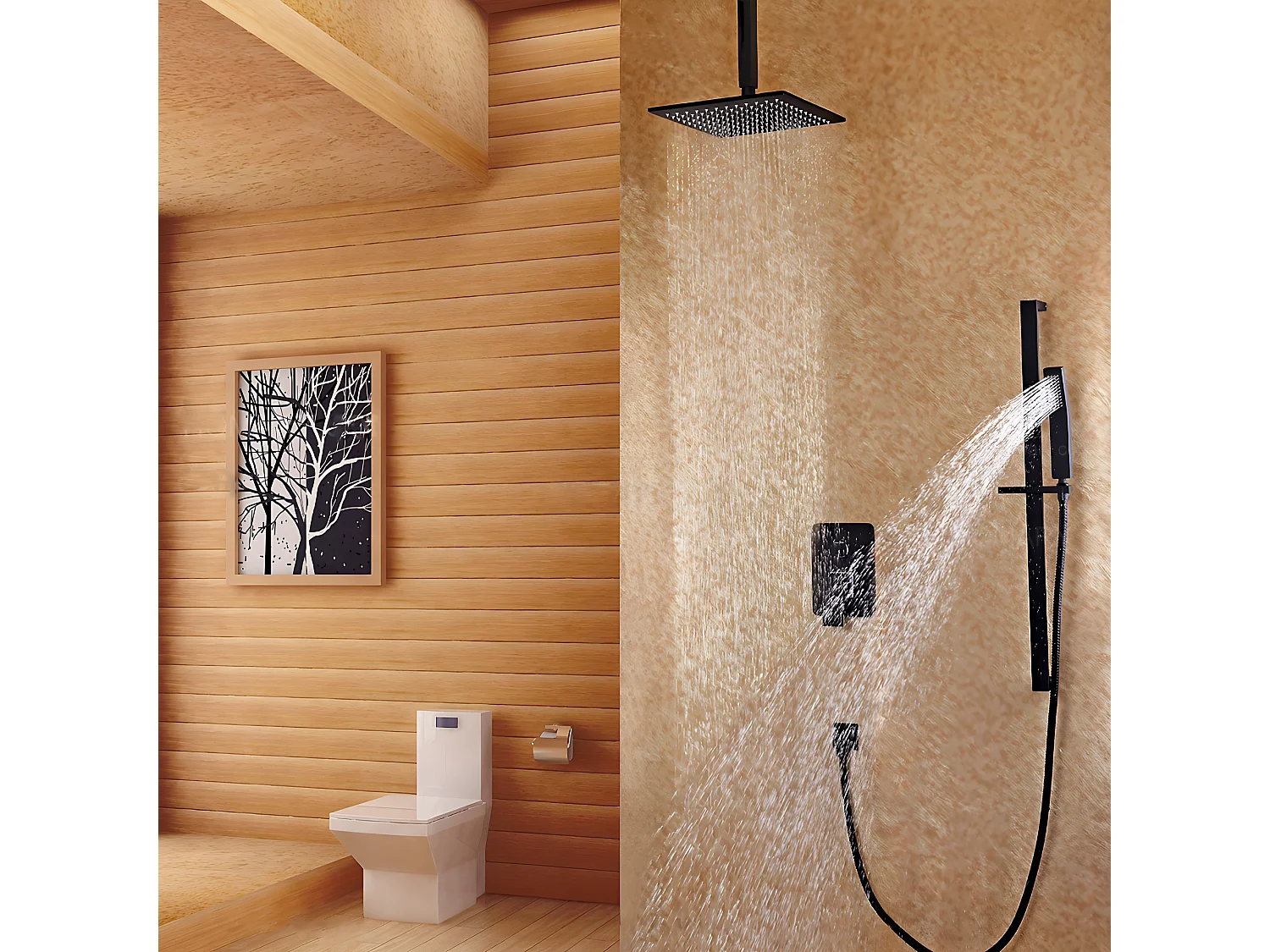 Tête de douche à fixation au plafond et système de douchette à glissière en noir 250 mm