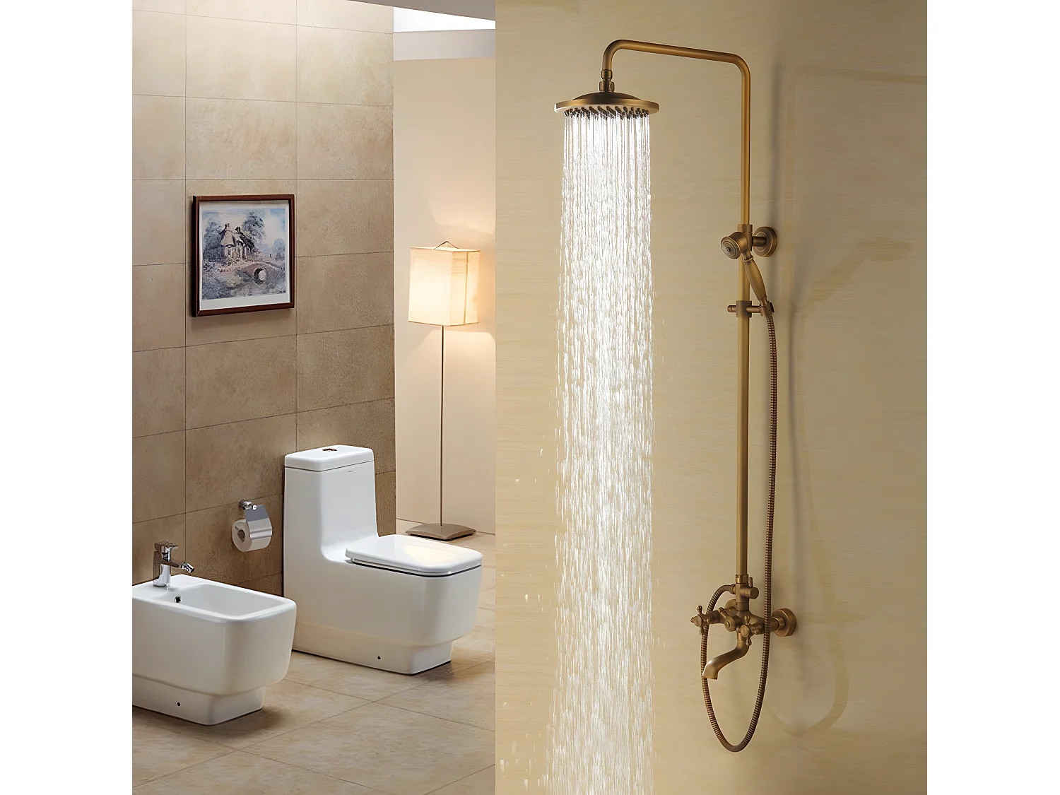 Colonne de douche classique en laiton antique avec bec de bain verseur