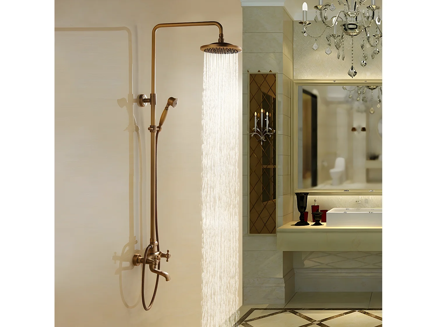 Colonne de douche classique en laiton antique avec bec de bain verseur