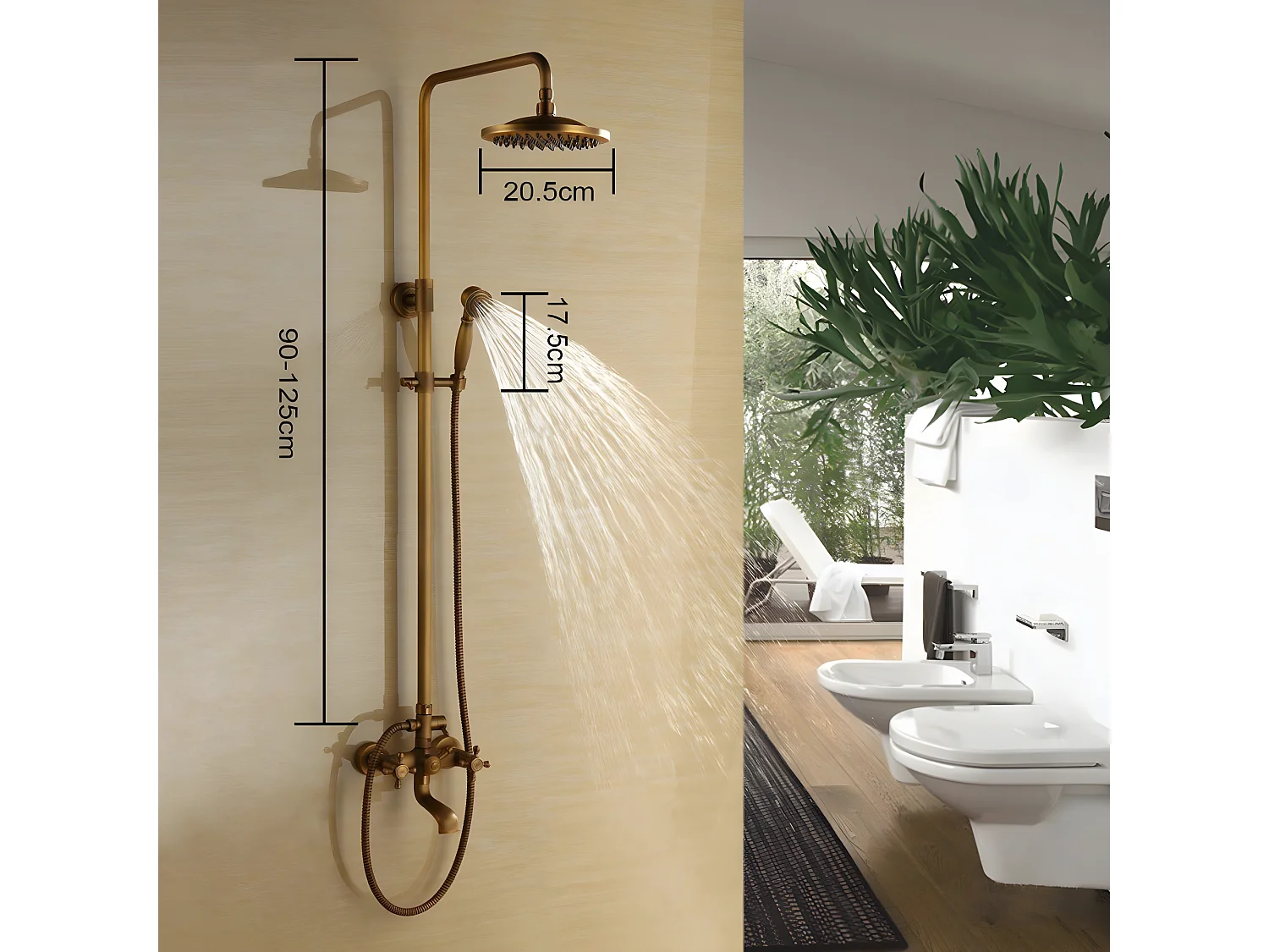 Colonne de douche classique en laiton antique avec bec de bain verseur
