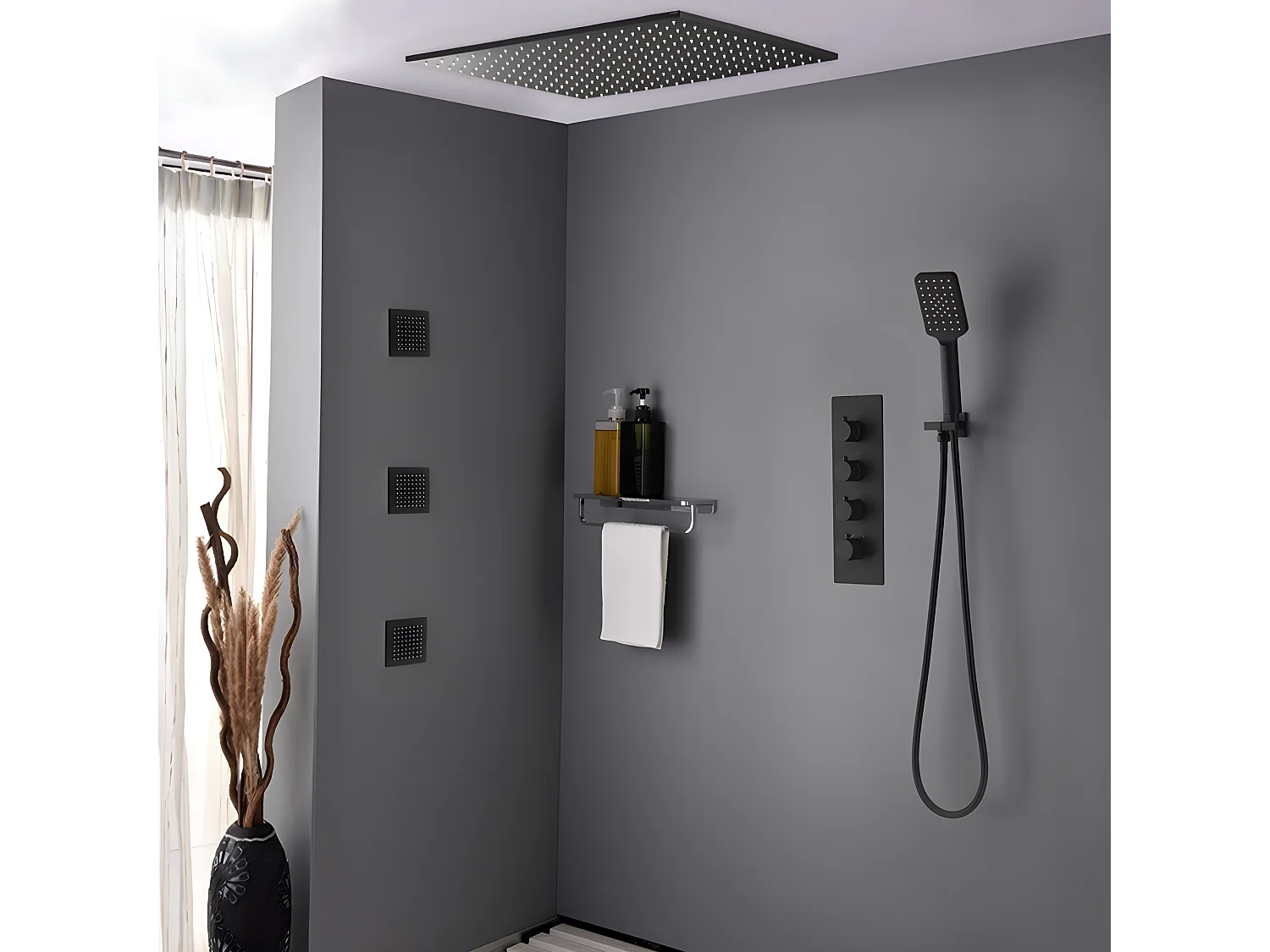 Pack de douche encastré au plafond thermostatique 400 mm - Noir