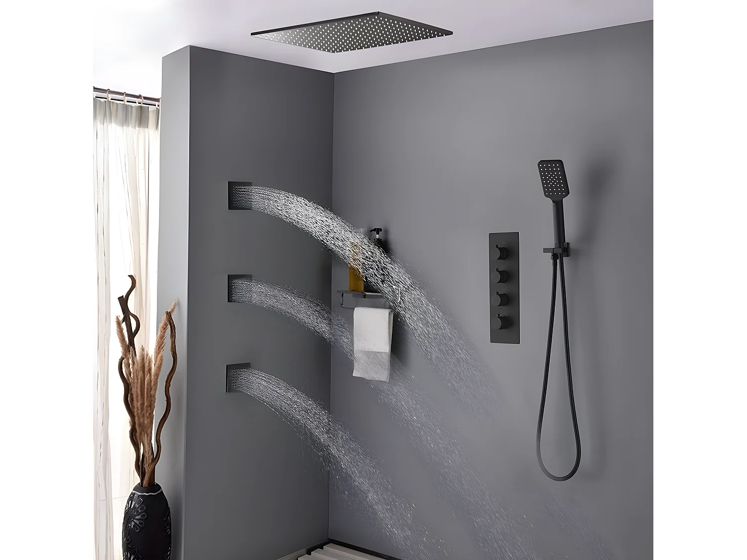 Pack de douche encastré au plafond thermostatique 400 mm - Noir