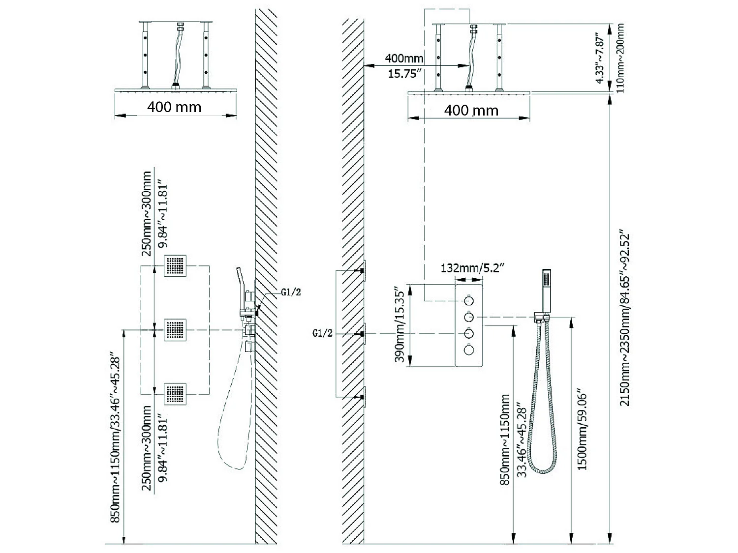 Pack de douche encastré au plafond thermostatique 400 mm - Noir