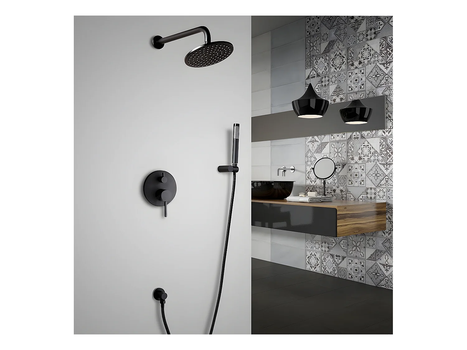 Ensemble de douche avec douchette finition noir valve standard support mural 300 mm - Corbeau