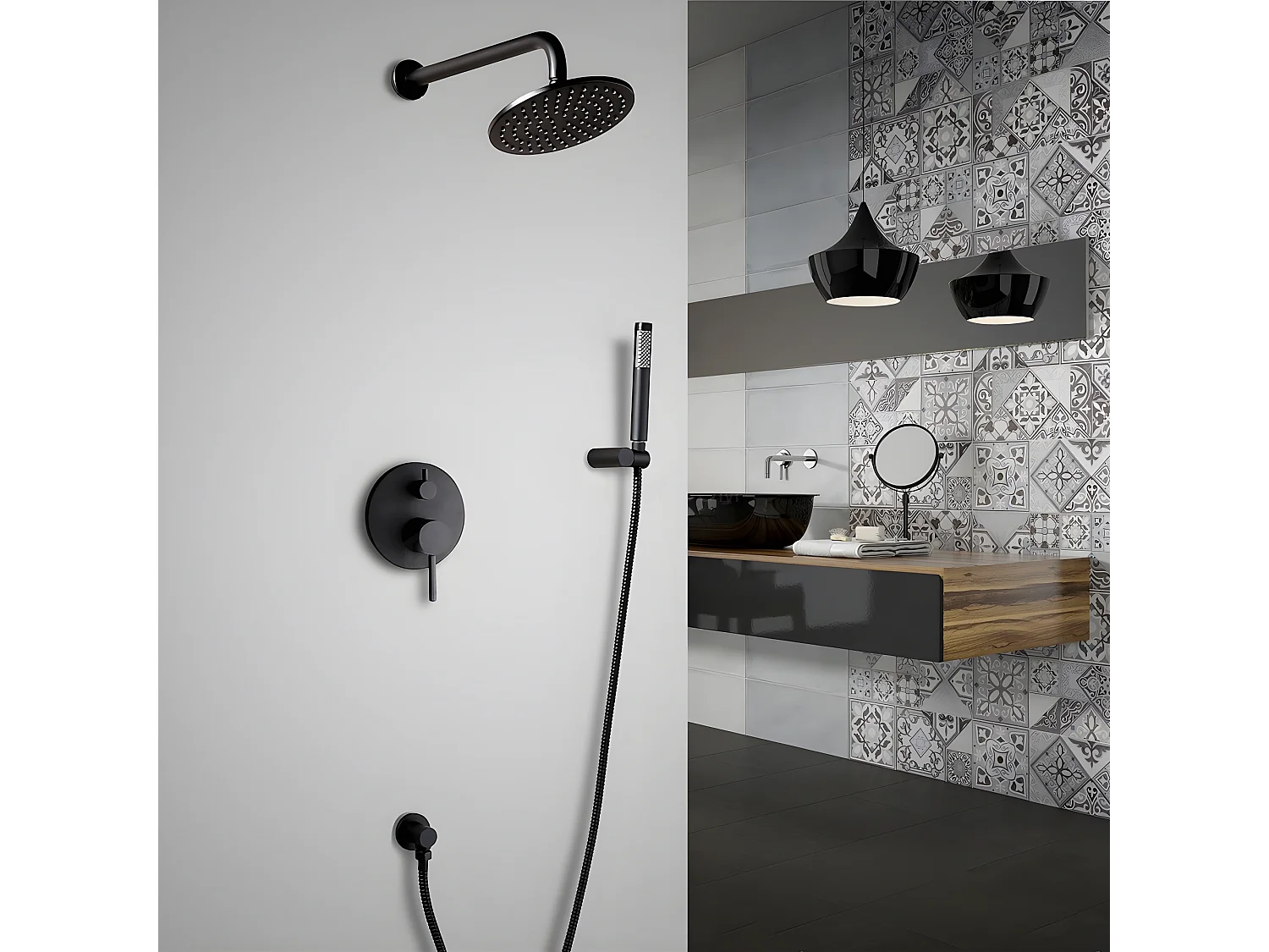 Ensemble de douche avec douchette finition noir valve standard support mural 300 mm - Corbeau