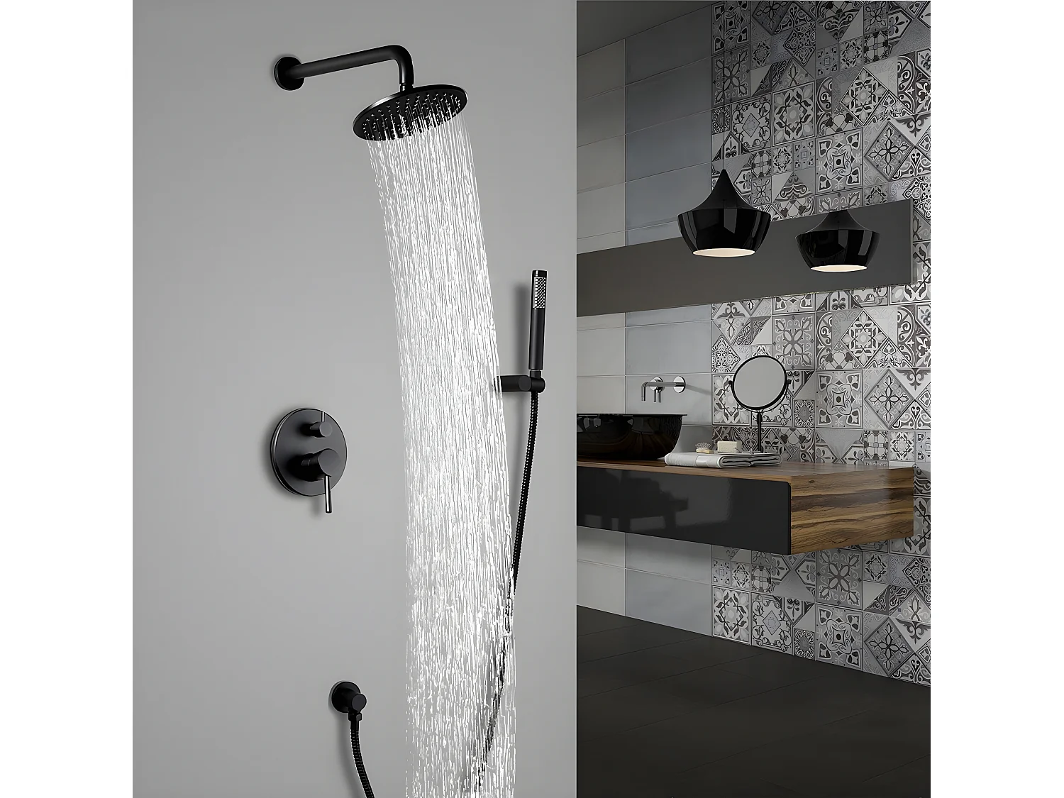 Ensemble de douche avec douchette finition noir valve standard support mural 300 mm - Corbeau