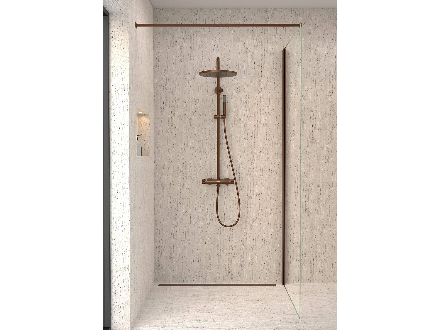 Colonne de douche ronde thermostatique Or rose brossé - Corbeau