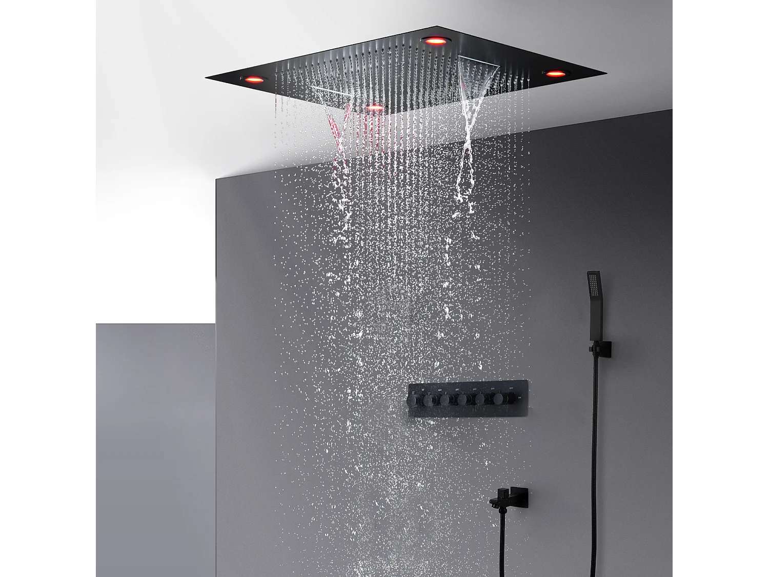 Composition de douche thermostatique avec ciel de pluie LED 800x600 mm - Noir